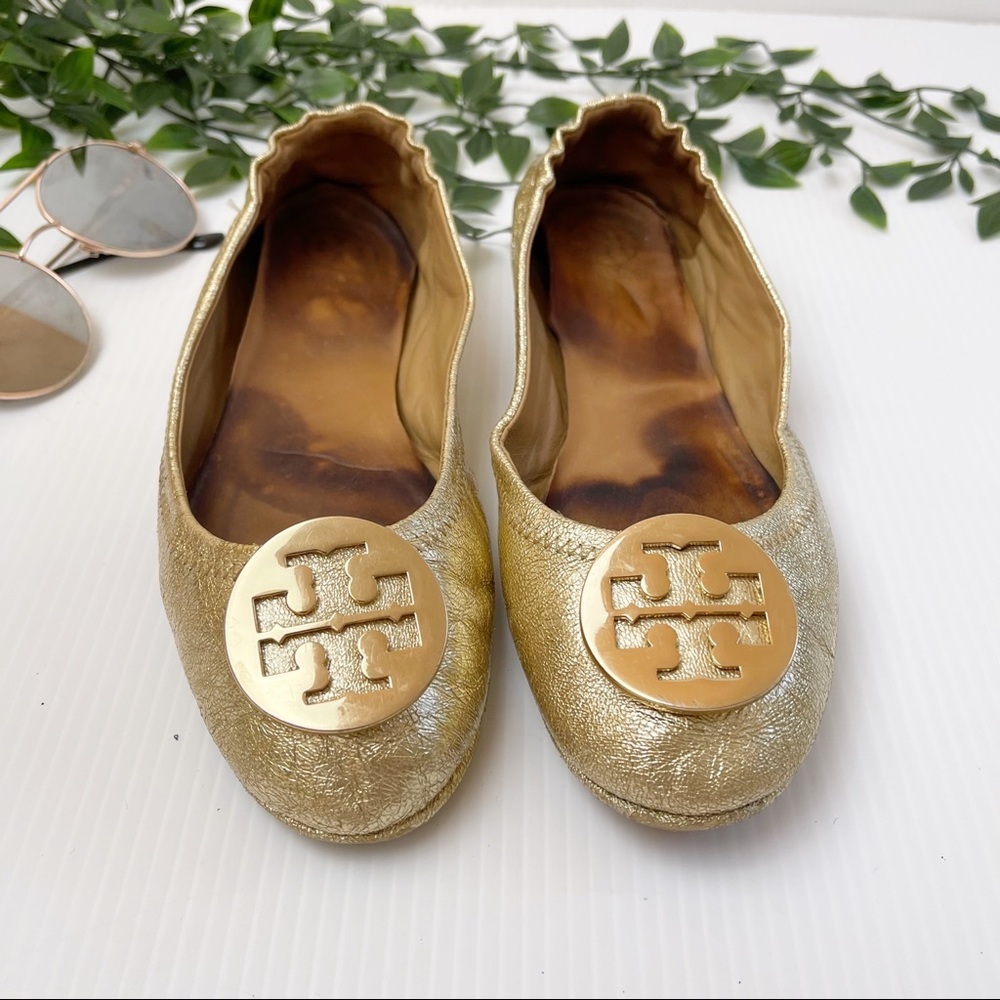 TORY BURCH MINNIE METALLIC LEATHER FOLDING FLATS size 7.5